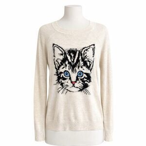 Forever 21 Cat Graphic Sweater Cream Crewneck Knit Pullover Women M Blue Eyes